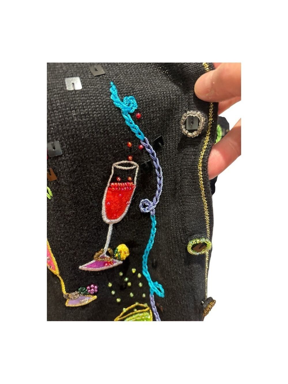 80s BERER 2 BLACK & MULTI-COLOR COCKTAILS HOUR W STREAMERS CARDIGAN SWEATER SZ S - Picture 9 of 12